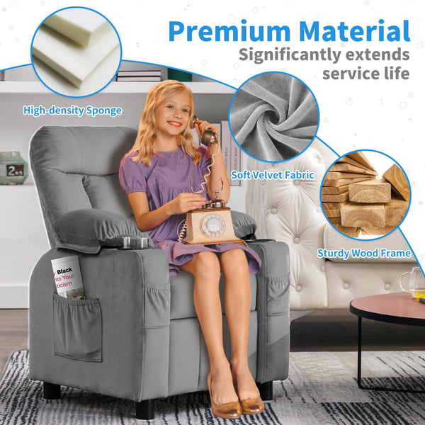 Wanan Kids Recliner Chair, Modern Velvet Lounge with Cup Holder, Footrest, Side Pockets, Gray