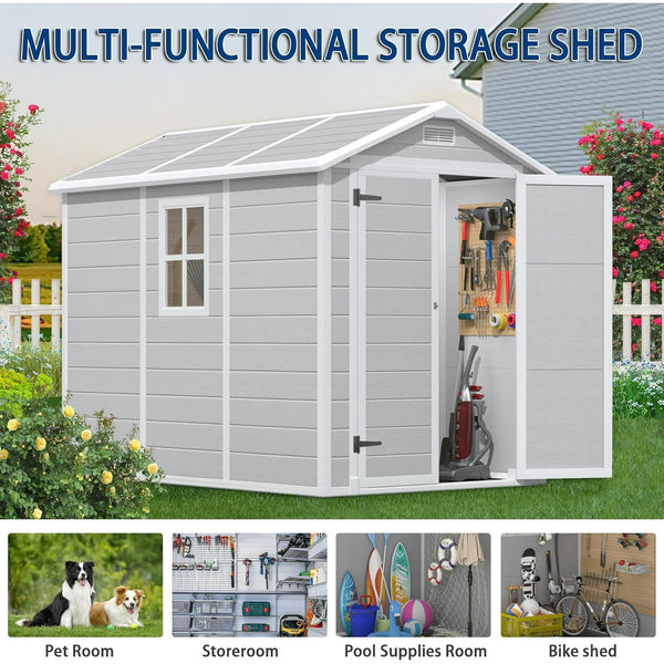 9 x 5.8 FT Outdoor Storage Shed, Linor Resin Shed with Floor, Window, and Vents, Weather-Resistant Garden Shed for Garden Tool Outside Sheds, Bike Shed, Backyard Shed