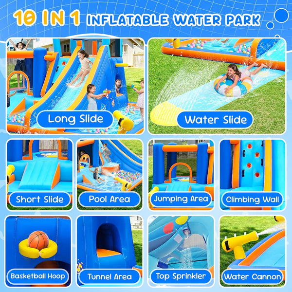 Akaber 10-in-1 Giant Inflatable Water Slide Park for Kids, 2 Min Blow Up Backyard Water Park with Large Slide, Pool, Tunnel, Bounce House, Basketball Hoop, Climbing Wall & Air Blower