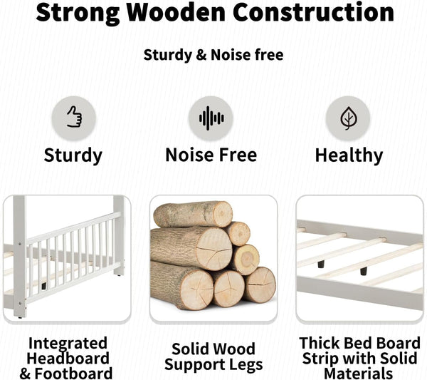 White Full Size Wood Floor Bed, Twin Size Low House Playhouse Bed with Headboard and Footboard, Toddler Floor Bed Frame for Boys, Girls, Easy Assembly, No Box Spring Needed