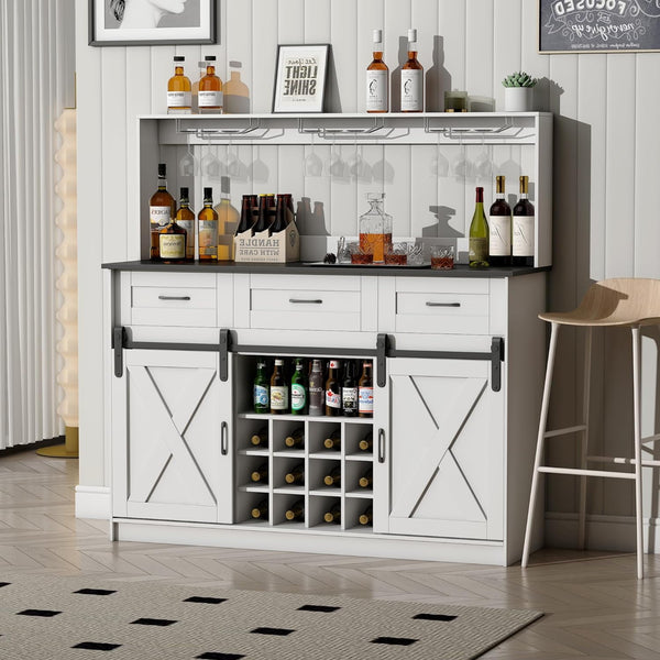 52" Coffee Bar Cabinet, Farmhouse Liquor Bar w/Storage Shelves and 3-Row Glass Holder
