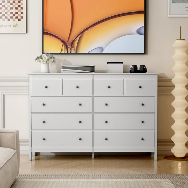 Linor 10 Drawer Dresser, 55" Modern White Dressers, Chest of Drawers, Wooden Wide Dresser for Bedroom, Living Room, White