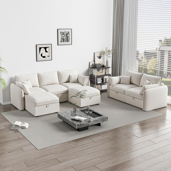 Akaber Modular Sectional Sofa, 107 Inch U Shaped Couch with Movable Storage Ottoman, 25 Inch Deep Seat, Cloud Couches for Living Room, Beige