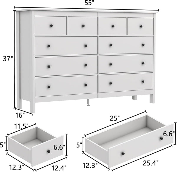 10 Drawer Dresser, 55" Modern White Dressers & Chests of Drawers, Adult 10 Drawers Wide Wood Dresser for Bedroom, Living Room