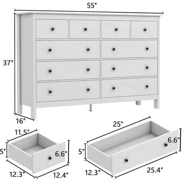 Linor 10 Drawer Dresser, 55" Modern White Dressers, Chest of Drawers, Wooden Wide Dresser for Bedroom, Living Room, White