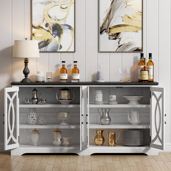 Akaber US 69" Sideboard Buffet, Farmhouse Buffet Cabinet with 4 Glass Barn Doors, Wood Sideboard Storage Cabinet for Kitchen, Dining Room, Living Room, Antique White