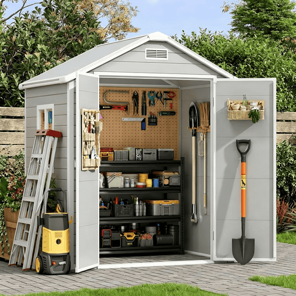 6x4 FT Resin Outdoor Storage Shed with Floor, Heavy Duty Plastic Tool Shed with Lockable Door & Air Vent, All-Weather Garden Storage for Backyard, Patio, Lawn, Cloud Gray