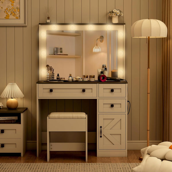 35.4" Makeup Vanity Desk with Mirror and Light,Glass Tabletop Farmhouse White Vanity with Power Outlet & 3 Drawers, 3 Color Lighting Mode, Bedroom Vanity Desk for Girl, Women