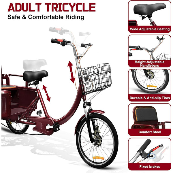 Pipleo Adult Tricycle, 20 Inch 3-Wheel Bikes Carrying Passengers and Cargo, Trike for Adults with Front Baskets for Women, Seniors, Men, Low Step-Through Cruiser Bike for Cycling, Outing, Picnic