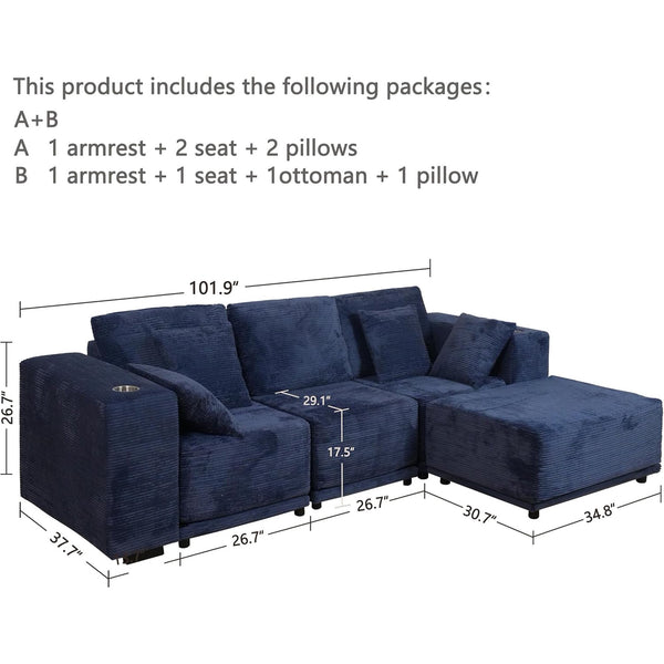 Akaber 101" Modular Sectional Sofa with L-Shape Chaise, 3-Seater Comfy Cloud Couch with Movable Ottoman, Deep Seat Couches for Living Room with Throw Pillows, Lake Blue