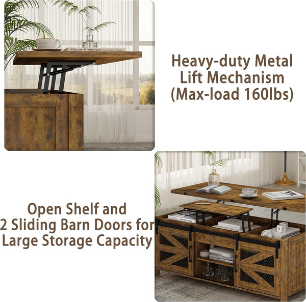 47.2" Lift Top Coffee Table, 4 in 1 Farmhouse Coffee Table with Sliding Barn Door, Coffee Tables for Living Room, Dining Room