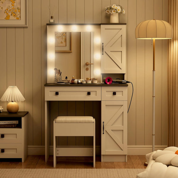 Vanity Desk with Mirror and Lights, 31.5" Farmhouse White Makeup Vanity Desk with Power Outlet, 2 Drawers & 2 Cabinets, 3 Color Lighting Mode, Bedroom Vanity Desk, Vanity Desk with Lighted Mirror