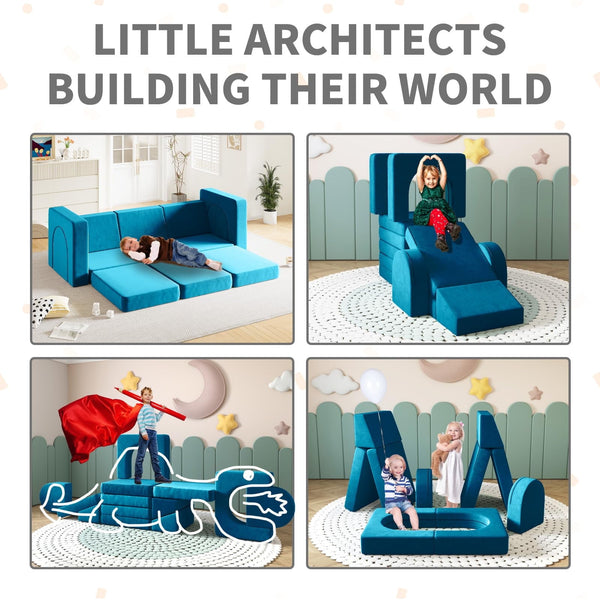 Wanan Toddler Couch, Modular Kids Sofa Foldable Loveseat with 2 Ottomans, Washable Cover, Navy