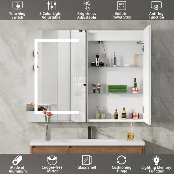 Medicine Cabinet with LED Mirror for Bathroom, 30''x36'' Aluminum, Wall Mounted Surface led Medicine Cabinet, Defog, Stepless Dimming, 3 Color Change, 2 Outlets, 2USB