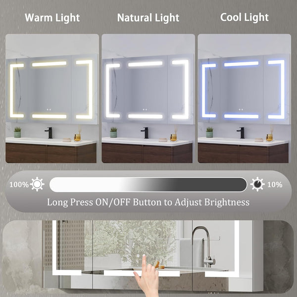 Medicine Cabinet with LED Mirror for Bathroom, 30''x48'' Aluminum, Wall Mounted Surface led Medicine Cabinet, Defog, Stepless Dimming, 3 Color Change, 2 Outlets, 2USB