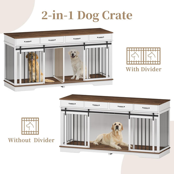 71" Extra Large Dog Crate Furniture, ICEELF Steel Frame Dog Crates with 4 Drawers, Divider, Sliding Barn Door for Small Medium Large Dogs, Indoor Luxury Double Dog Kennel Furniture for 2 Dogs