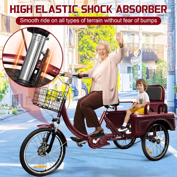 Pipleo Adult Tricycle, 20 Inch 3-Wheel Bikes Carrying Passengers and Cargo, Trike for Adults with Front Baskets for Women, Seniors, Men, Low Step-Through Cruiser Bike for Cycling, Outing, Picnic