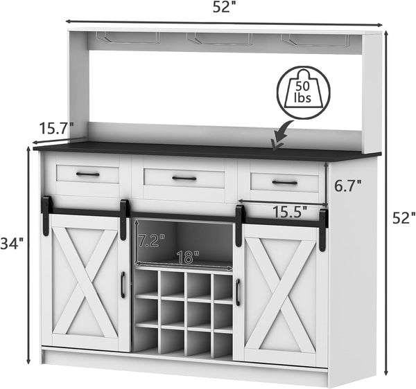 52" Coffee Bar Cabinet, Farmhouse Liquor Bar w/Storage Shelves and 3-Row Glass Holder