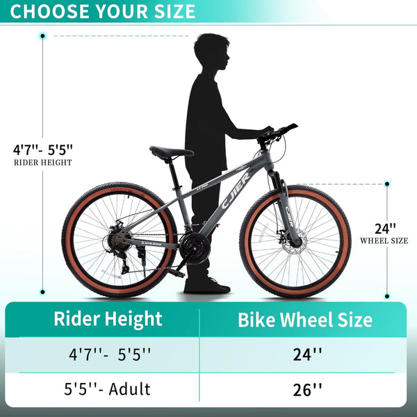 Mountain Bike for Kids, Akaber 24'' Boys Bike, MTB Bicycle 21-Speed with Internal Cable Routing, Suspension Fork, Dual Disc Brakes, 2.125" Tires, Ergonomic Grips