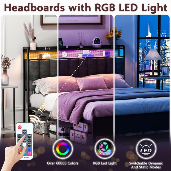 Akaber Queen Size Headboard only, Upholstered Headboard for Bed with Hidden Storage and Charging Station, LED Lights, Adjustable, Easy Assembly, Black (Queen (U.S. Standard))