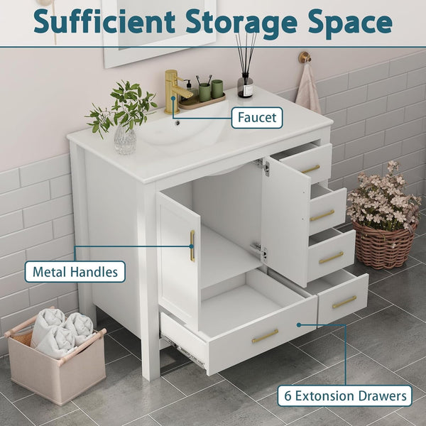 36" Bathroom Vanity with Sink and Faucet, Ceramic Countertop, Ceramic Sink, Mirror, Pop up Drain, Drain Pipe, 9/16'' Hot and Cold Pipes, Soft-Close Doors, and 5 Drawers