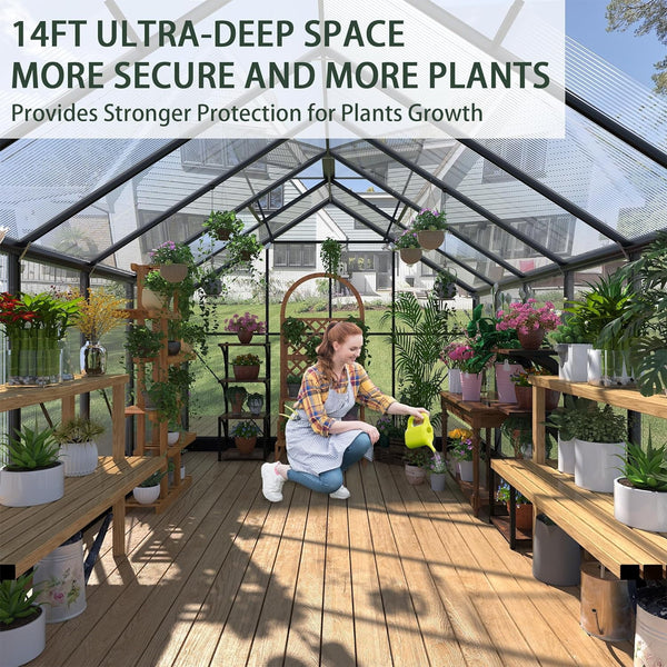 Pipleo 8x14.2 FT Outdoor Greenhouse, Heavy Duty Walk-In Green House with Polycarbonate Panels, UV Protection & Windproof Aluminum Frame, 2 Adjustable Roof Vent with Sliding Door