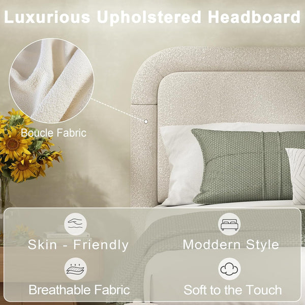 Akaber King Bed Frame, Upholstered Bed Frame with Rounded Corners, Boucle Soft Cloud Bed Frame in Modern Style, Noise-Free Structure, Easy Assembly, Cream