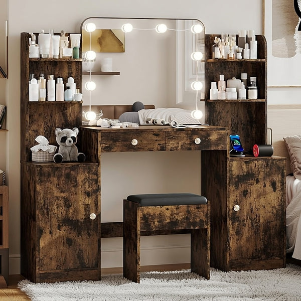 53" Makeup Vanity Set with Mirror and Lights, Pipleo Big Balck Makeup Vanity Desk with Chair and Power Outlet, 3 Color Lighting Modes & Adjustable Brightness for Bedroom