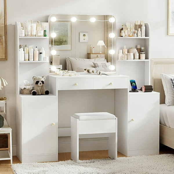 53" Makeup Vanity Set with Mirror and Lights, Pipleo Big Balck Makeup Vanity Desk with Chair and Power Outlet, 3 Color Lighting Modes & Adjustable Brightness for Bedroom