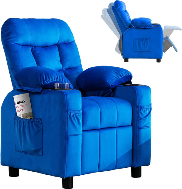 Kids Recliner Chair Adjustable Velvet Lounge Chair with Cup Holder,Footrest & Side Pockets