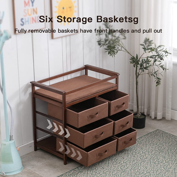 Baby Changing Table with 6 Storage Baskets, Diaper Changing Station (Brown)